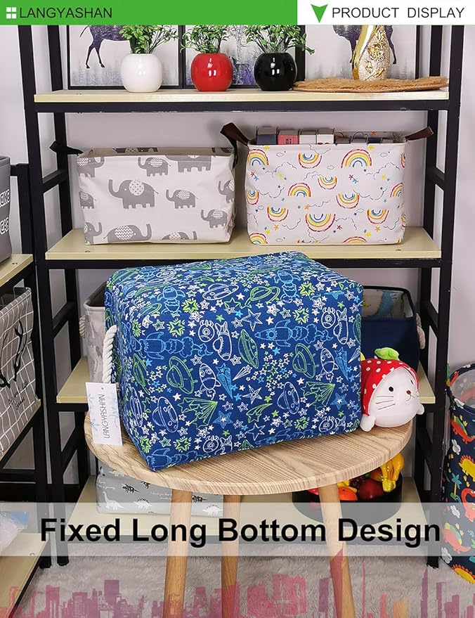 LANGYASHAN Rectangular Storage Bin Collapse Canvas Fabric Cartoon Storage Basket with Handles for Organizing Home Kitchen Boys and Girls Toys Office Closet Shelf Baskets (Full Spaceship)