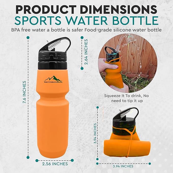 Collapsible Water Bottle (25Oz) - BPA Free Silicone Space Saving Collapse Water Bottle W/ Removable Straw | Temperature Resistant Collapsible Water Bottles For Travel And Rugged Outdoor Activities