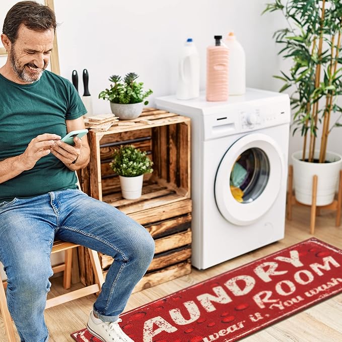 Ottomanson Laundry Collection Non-Slip Rubberback Laundry Text Design 2x5 Laundry Room Runner Rug, 20" x 59", Red