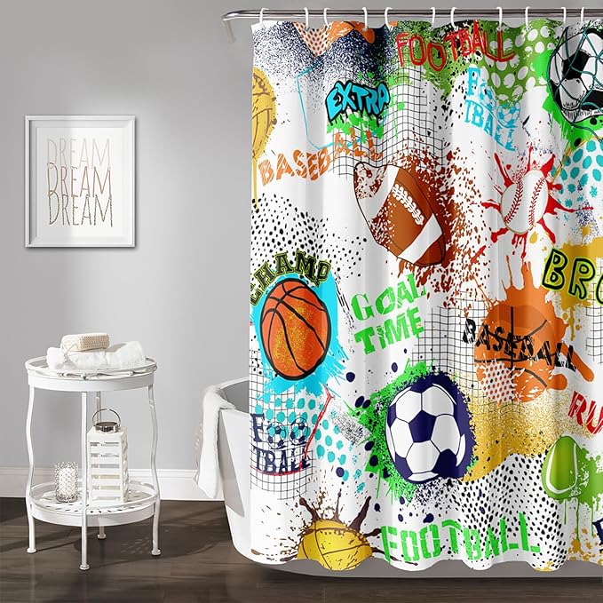 AILONEN Sport Shower Curtain,Graffiti Basketball Football Baseball Rugby Sport Art Bath Curtain Minimalist Bathroom Curtain 72" W*78" H Polyester Waterproof Bathroom Curtain with 12 Hooks