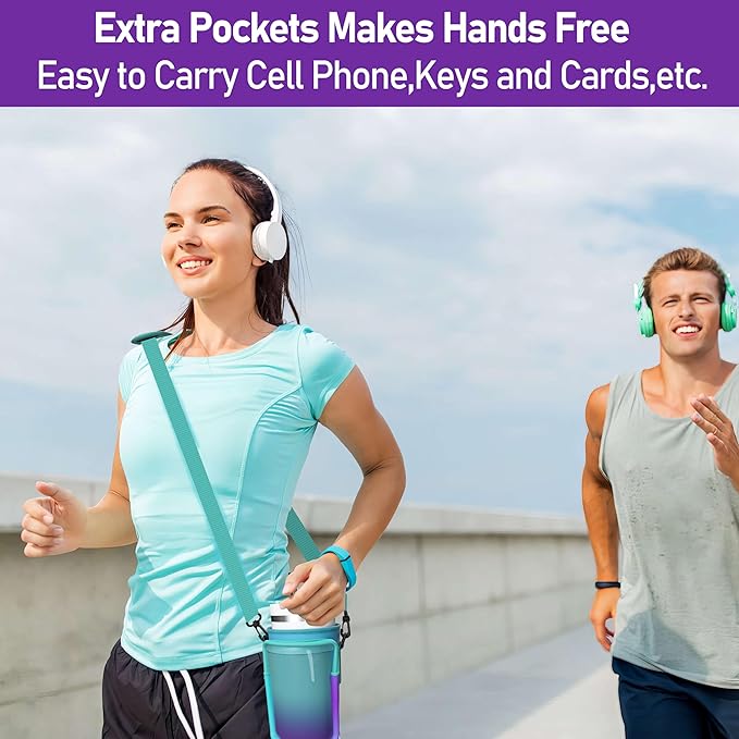 Water Bottle Carrier Bag with Phone Pocket for 40oz Tumbler with Handle, Adjustable Strap Neoprene Water Bottle Sleeve Pouch for Hiking Camping Travelling. (Purple)