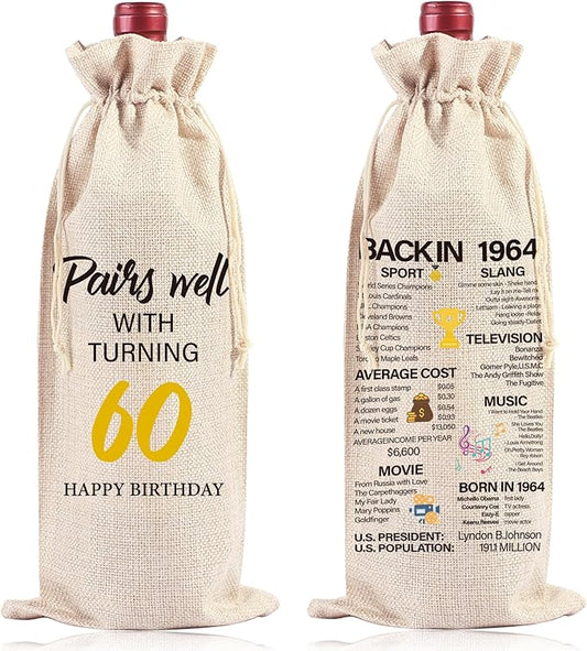 Happy Birthday Wine Bag Gifts - 60th Birthday Gift Ideas Funny Birthday Wine Bag Birthday Gift Drawstring Burlap Wine Bottle Bag for Women Men 60th Birthday Gifts