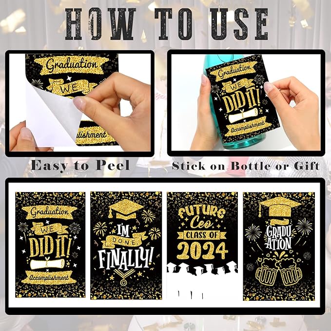 8 Pieces 2024 Graduation Wine Bottle Labels Class of 2024 Wine Bottle Stickers Black Golden Congrats Grad Wine Bottle Cover Decorations for College University Graduation Party Supplies