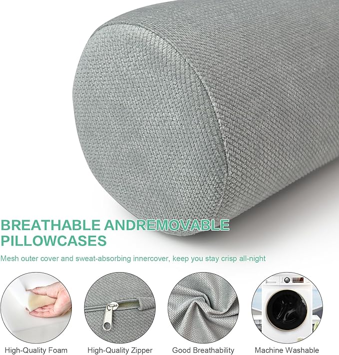 Cervical Neck Roll Foam Pillow, Round Neck Support for Sleeping, Bolster Pillow for Bed, Legs, Back and Yoga, Removable Washable Cover, 4.7 Inch Diameter x 17 Inches Long (Grey)