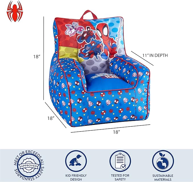 Idea Nuova Marvel Spidey & His Amazing Friends Toddler Nylon Bean Bag Chair with Piping & Top Carry Handle, NN201537, Large, Spidey & Friends