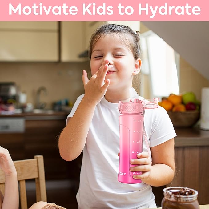 OLDLEY Kids Water Bottle with Straw 15 oz BPA-Free Leak-Proof Motivational Water Bottles with Time Marker for School Sports Travel Gym, Easy to Use for Girls Goys, 1 Straw Lid, Pink Purple