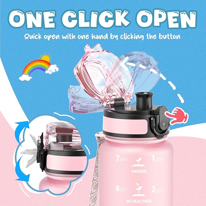 OLDLEY Kids Water Bottle for School, 17 oz (2 lids) BPA-Free Reusable Leak-proof Durable Tritan Plastic Water Bottles with Straw & Chug Lids, Anti-dust Spout Cover (Pink)