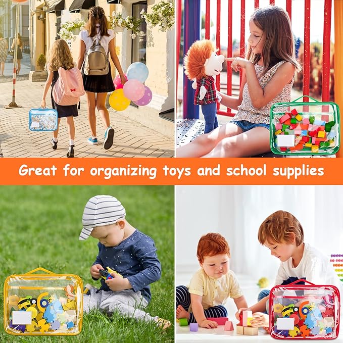 4 Pack Toy Storage Organizer Bag for Lego Bricks, Clear PVC Zippered Blocks Set with Manual Pocket& Name Tag, Waterproof Toy Carrying Case for Board Games& Building Blocks (Large, Colorful)