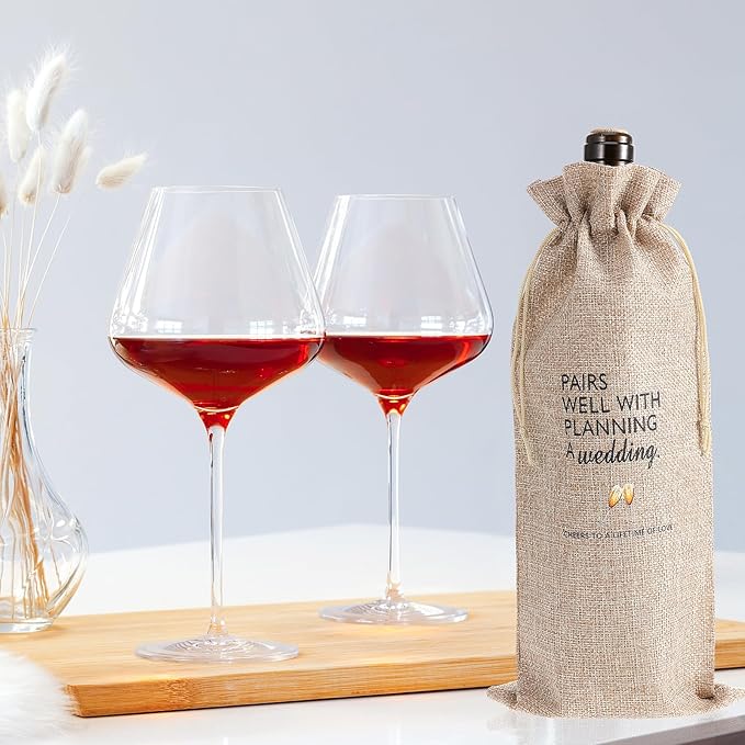 Wedding Wine Bag, Engagement Gifts Wine Bag, Bridal Shower Gifts for Newlyweds Cotton Linen Wine Bag With Drawstring Ideas Wine Bottle Bag for Wedding Planner Couples Bachelorette Party