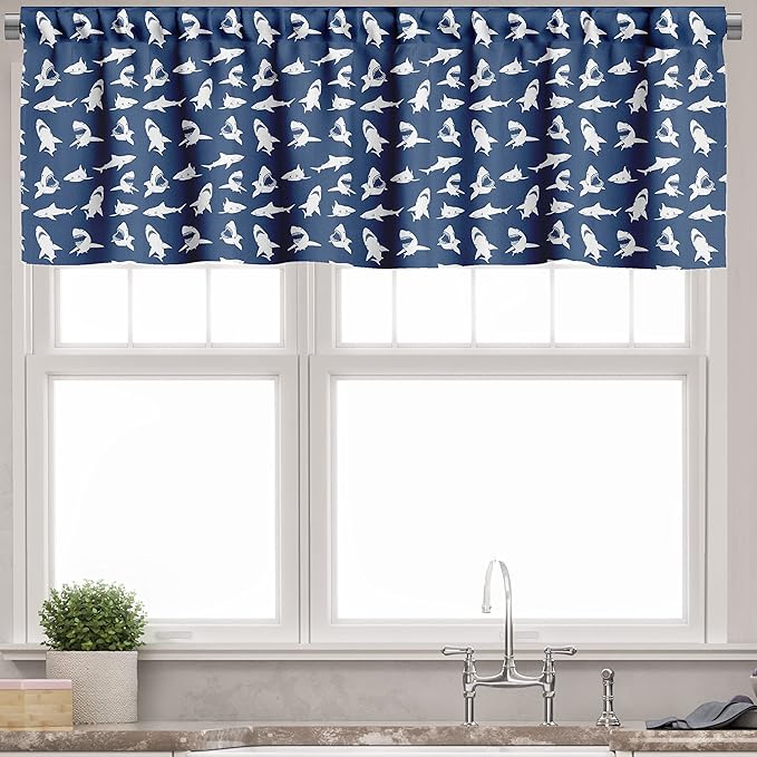 Ambesonne Shark Valance & Tier Curtain 3 pcs Set, Fish Pattern Various Gestures Have a Bite Danger Humor Nautical Design, Window Treatments for Kitchen Room Decor, 55" x 45", Blue Violet