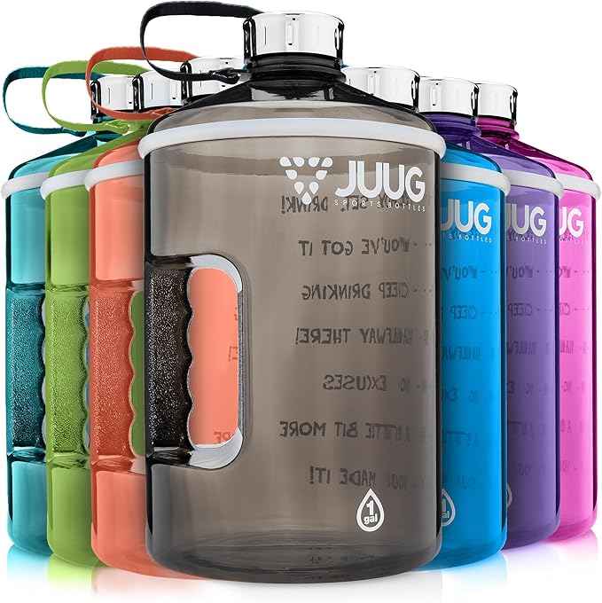 JUUG 1 Gallon Water Bottle with Times to Drink - Gallon Water Jug with Handle - 128oz Leakproof BPA Free Bottle for Gym Fitness- One Gallon Water Bottle with Motivational Time Markers