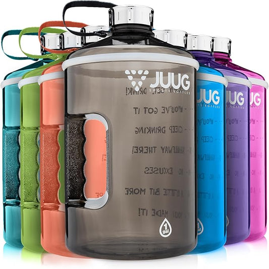 JUUG 1 Gallon Water Bottle with Times to Drink - Gallon Water Jug with Handle - 128oz Leakproof BPA Free Bottle for Gym Fitness- One Gallon Water Bottle with Motivational Time Markers