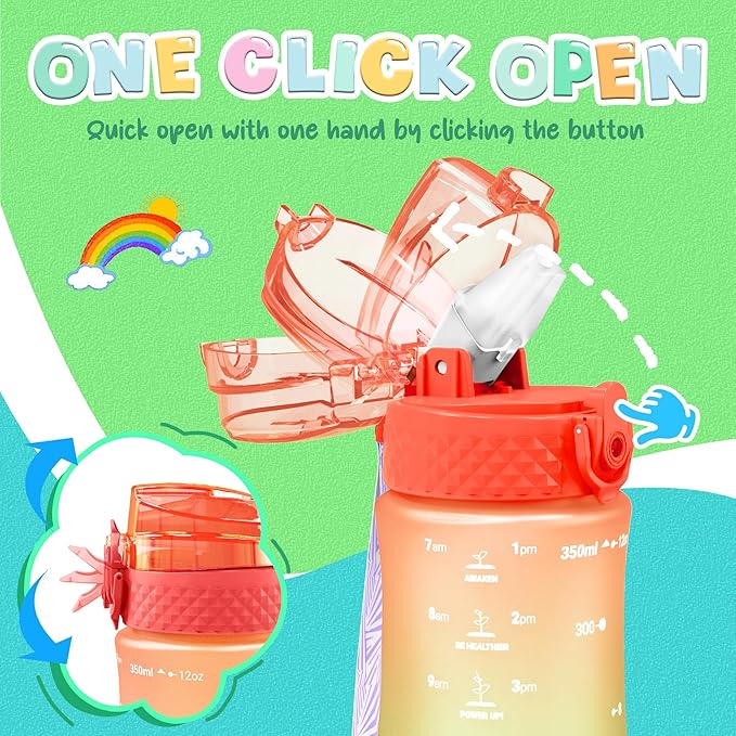 OLDLEY Kids Water Bottle for School, 12 oz (2 lids) BPA-Free Reusable Leak-proof Durable Tritan Plastic Water Bottles with Straw & Chug Lids, Anti-dust Spout Cover (Sweet Orange)