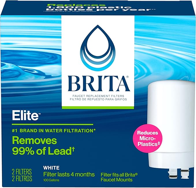 Brita Faucet Water Filter for Sink Water Filtration System, BPA-Free, Reduces Lead, Lasts Four Months or 100 Gallons, Includes 2 Filters, White