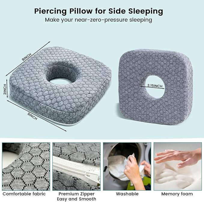 Ear Pillow with Ear Piercing for Side Sleeping, Ear Hole Memory Foam Pillows for CNH and Ear Pain Ear Inflammation Pressure Sores, Travel, Gray