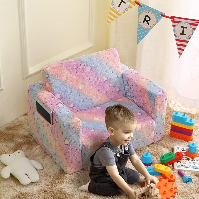 Kids Sofa, Glow in The Dark Toddler Chairs Children's 2 in 1 Convertible Sofa to Lounger - Extra Soft Flip Open Chair & Sleeper, Toddler Couch Chair, Sofa Bed for Boys Girls