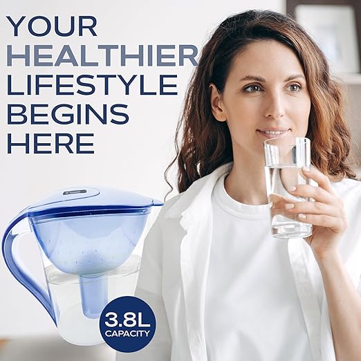Purified Clean Crystal-Clear Water Filter Pitcher: Experience Enhanced Extraordinary Refreshing Hydration, Enjoying Convenience, Efficient and Quality You Deserve (Blue - 3.8 LTS)