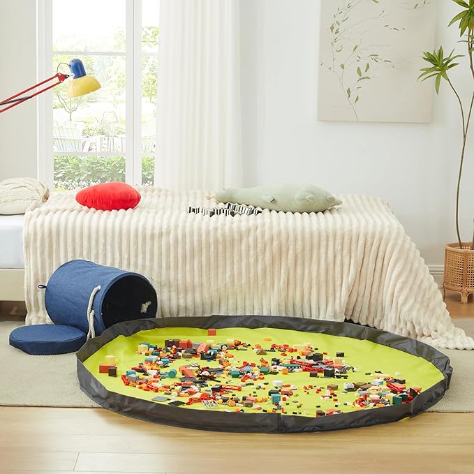 EXQ Home Toy Storage Basket and Building Bricks Toy Play Mat for Kids Rooms (11.8 x15 inches) - Organizer Storage Organizer for Toys, Playroom Canvas Bag Gift for Boy/Girls Navy Blue