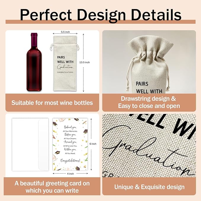 Graduation Wine Gift Bags & Card, Graduation Gifts for Him Her Son Daughter College, Pairs Well With Graduation, 1 pcs Reusable Burlap Wine Gift Bags for Wine Bottles, Graduation Party Decor Favor -28