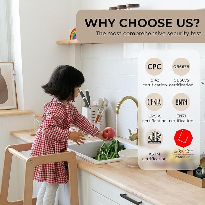 Toddler Standing Tower Wooden Toddler Stool for Kitchen Adjustable Toddler Tower, Winner 2023 of Contemporary Good Design, Montessori Kitchen Tools