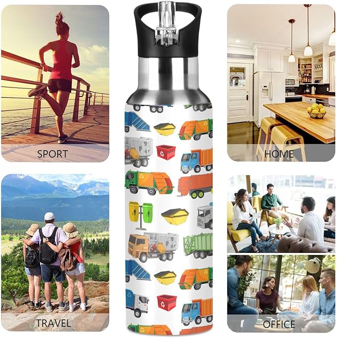 Garbage Trucks Stainless Steel Water Bottle with Straw Lid - 20 Oz Sports Insulated Water Bottle Thermos for Sport Gym Outdoor Travel School (DZ002)