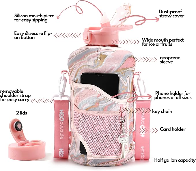 H2O Capsule 2.2L Half Gallon Water Bottle with Storage Sleeve and Removable Straw – BPA Free Large Reusable Drink Container with Handle - Big Sports Jug, 2.2 Liter (74 Ounce), Pink Marble