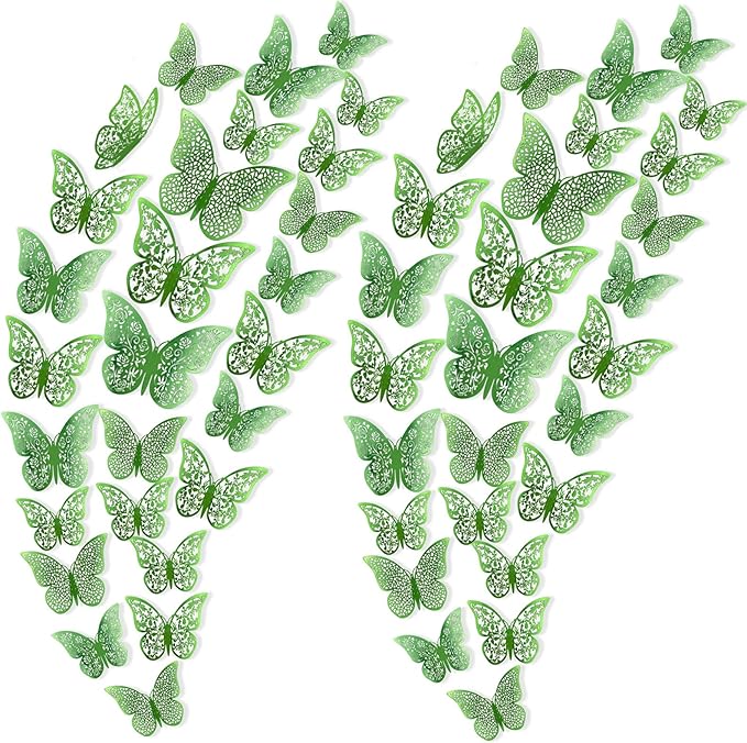 72Pcs 3D Butterfly Wall Decor 3 Sizes 3 Styles, Removable Butterfly Stickers Wall Decals, Butterfly Decorations Party Birthday Cake Decoration for Kids Nursery Wedding Bedroom Room(Green)