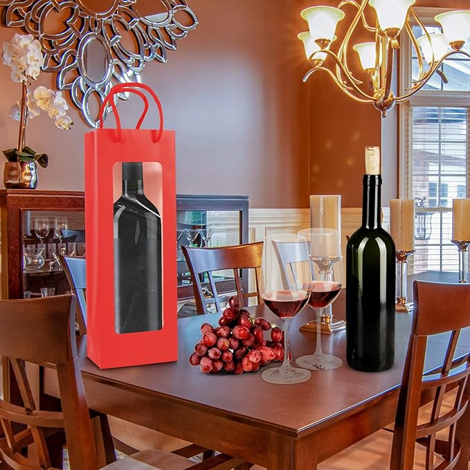 Cyblinia Wine Gift Bags with Window,20 Pack Paper Wine Bags 4.9 x 3.4 x 14.2 Inch Kraft Paper Flower Wrapping Bags Wine Bags for Wine Bottle and Gifts,Wedding,Birthday,Christmas