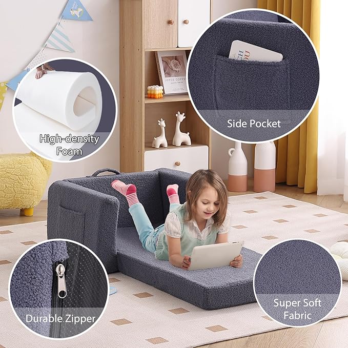 Tiita Kids Sofa, 2-in-1 Kids Sofa Chair, Convertible Children Couch to Lounger, Flip Out Kids Sofa Chair, Toddler Armrest Chair Bed, Folding Kids Play Sofa for Girl or Boy(Navy Blue)