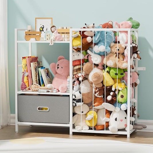 Stuffed Animal Storage, Metal Toy Storage Organizer Shelf with Kids Bookshelf, Sturdy Plushie Toys Holder Bin Multipurpose Toys Book Rack Zoo Cage for Kids Room, Nursery, PlayRoom, Birthday, White