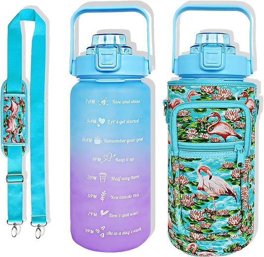 64 oz Water Bottle with Straw Sleeve & Strap Motivational Half Gallon Water Jug with Handle for Gym Women Men Aesthetic Water Bottle with Strap Flamingo