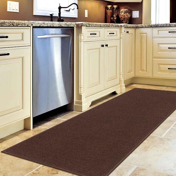 Machine Washable Modern Solid Design Non-Slip Rubberback 3x10 Traditional Runner Rug for Hallway, Kitchen, Bedroom, Living Room, 2'7" x 9'10", Brown