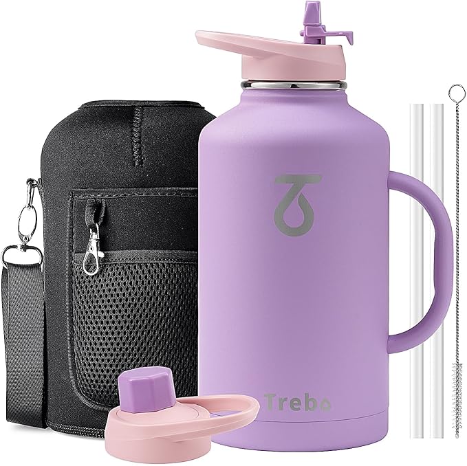 Trebo Half Gallon Water Bottle Insulated with Handle,64 oz Double Wall Stainless Steel Metal Large Jug,Travel Flask with Straw Spout Lid,Mug Tumbler Cup with Carry Pouch,Keep Cold Hot, Purple