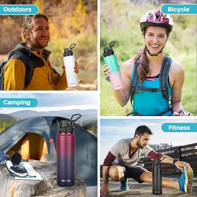 Insulated Water Bottle 24oz Stainless Steel Water Bottles with Straw&3 Lids Sports Metal Water Bottle Thermos Cup Double Walled Vacuum Insulated Bottles Leak-Proof Travel (Gradient Green Pink)