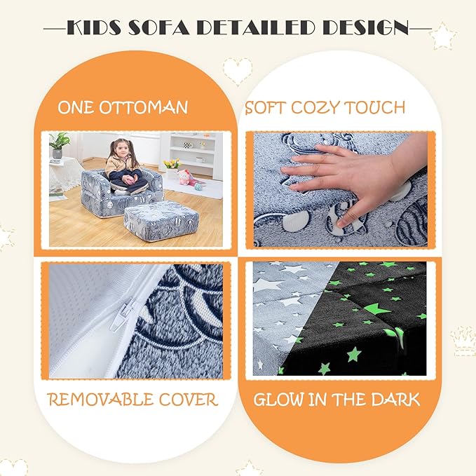 Kids Sofa Couch 3-in-1 Modular Toddler Couch Glowing Grey Baby Couch Foam Armchair for Boys & Girls Children Convertible Sofa to Lounger Plush Fold Out Sofa Play Set with One Ottoman, One Seat