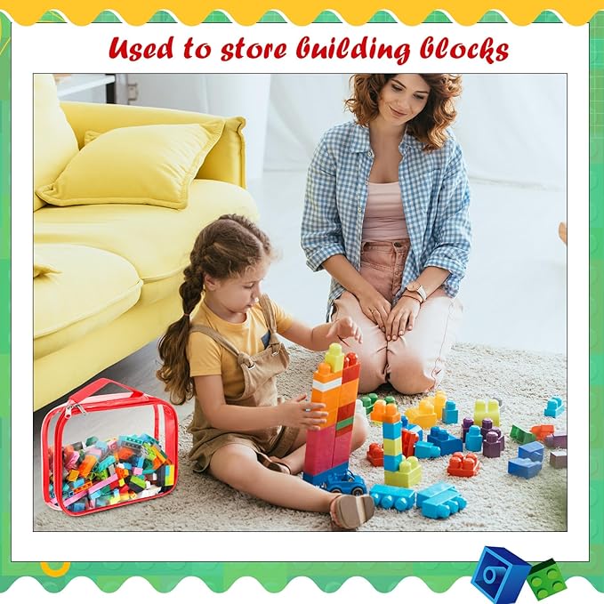 Sanwuta 3 Packs Toy Storage Bags with Zipper, Clear PVC Organizing Bags, Waterproof Toy Bags for Board Games, Building Blocks, Toys and Kids Books (Red, Yellow, Green,12.6 x 9 x 2.36 Inch)