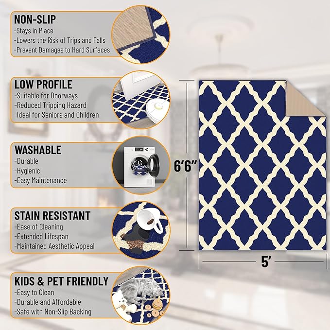 Machine Washable Moroccan Trellis Design Non-Slip Rubberback 5x7 Traditional Indoor Area Rug for Living Room, Bedroom, Dining Room, 5' x 6'6", Navy