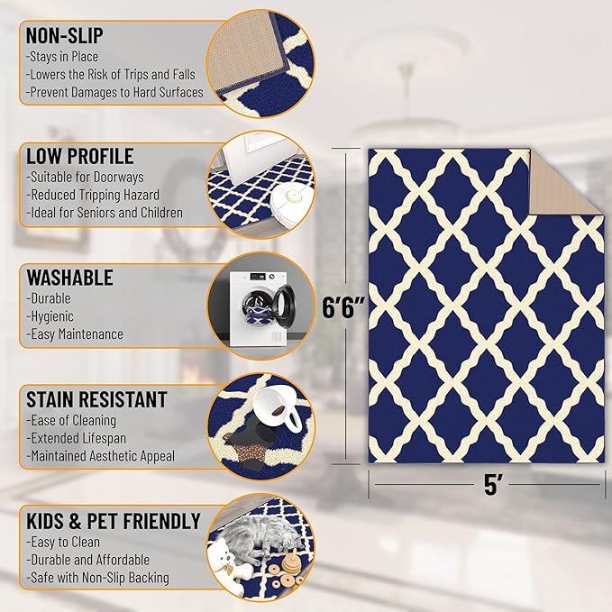 Ottomanson Glamour Collection Non-Slip Rubberback Moroccan Trellis Design 5x7 Indoor Area Rug, 5' x 6'6", Navy