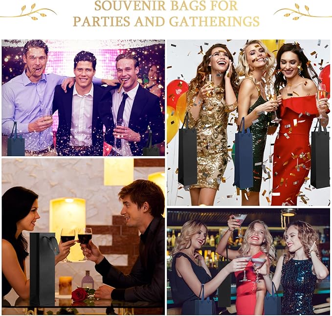 Fumete 50 Pack Wine Bottle Gift Bags Paper Wine Gift Bags Bulk 13.8x3.7x3.5 Wine Bags with Handles Appreciation Gifting Bags for Christmas Wedding Anniversary Birthday Party(Black, Navy Blue)