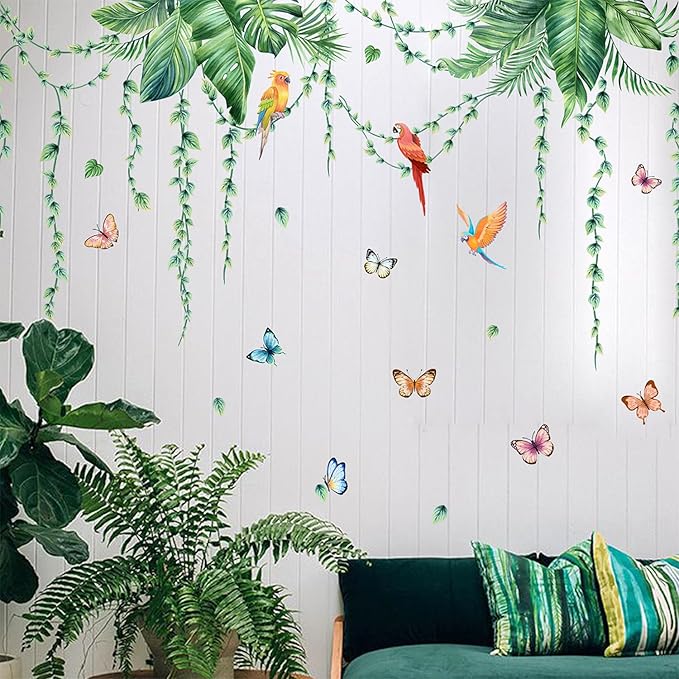 Removable Tropical Leaves Wall Decals Vinyl Hanging Vines Green Plants Wall Stickers Peel and Stick Jungle Safari Mural Art Decor for Nursery Classroom Bedroom Office Sofa Background