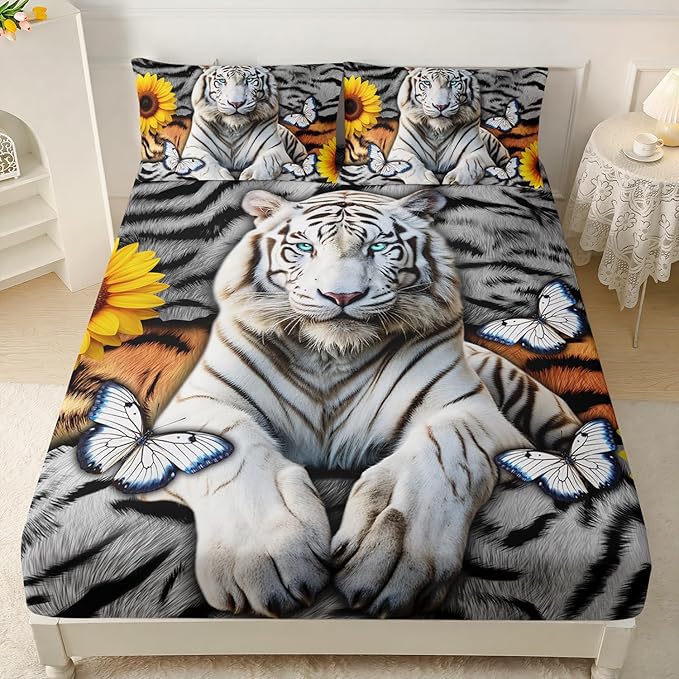 AILONEN Tiger Fitted Sheet Set Twin Size, 3 Pieces White Tiger Fur Printed Bed Sheet Set,Kids Boys Girls Sunflower Tiger Sheet Set,Butterfly Tiger Fitted Sheet with 2 Pillowcases