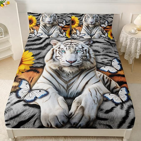 AILONEN Tiger Fitted Sheet Set Twin Size, 3 Pieces White Tiger Fur Printed Bed Sheet Set,Kids Boys Girls Sunflower Tiger Sheet Set,Butterfly Tiger Fitted Sheet with 2 Pillowcases