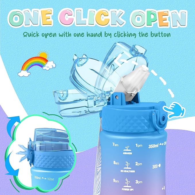 OLDLEY Kids Water Bottle for School, 12 oz (2 lids) BPA-Free Reusable Leak-proof Durable Tritan Plastic Water Bottles with Straw & Chug Lids, Anti-dust Spout Cover (Lake)