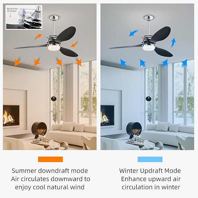 NicBex Ceiling Fan 52 Inch Ceiling Fan with Lights Ceiling Fans with 3 ABS Blades and Remote Control DC Motor Ceiling Fan with Down Rod Mount for Bedroom, Living Room, Black