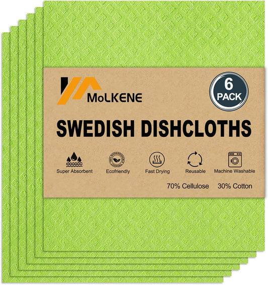 Swedish Dishcloths for Kitchen | 6 Pack Absorbent Cellulose Sponge Cloths Washable | Non-Scratch Reusable Paper Towels Quick Drying Cleaning Cloths - Lime Green