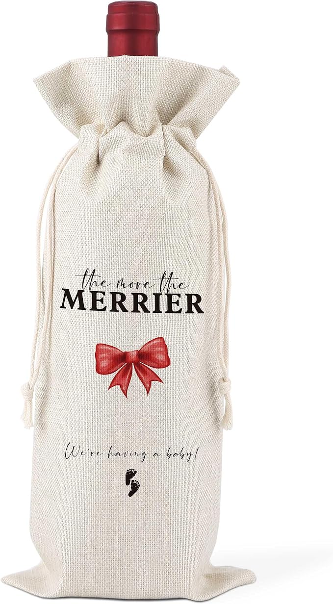 The More The Merrier Wine Bags Gifts,Gender Neutral Pregnancy Announcement Wine Bags,Baby Announcement,Baby Announcements Ideas,Pregnancy Announcement for Dad,Reusable Wine Bags With Drawstring,L31