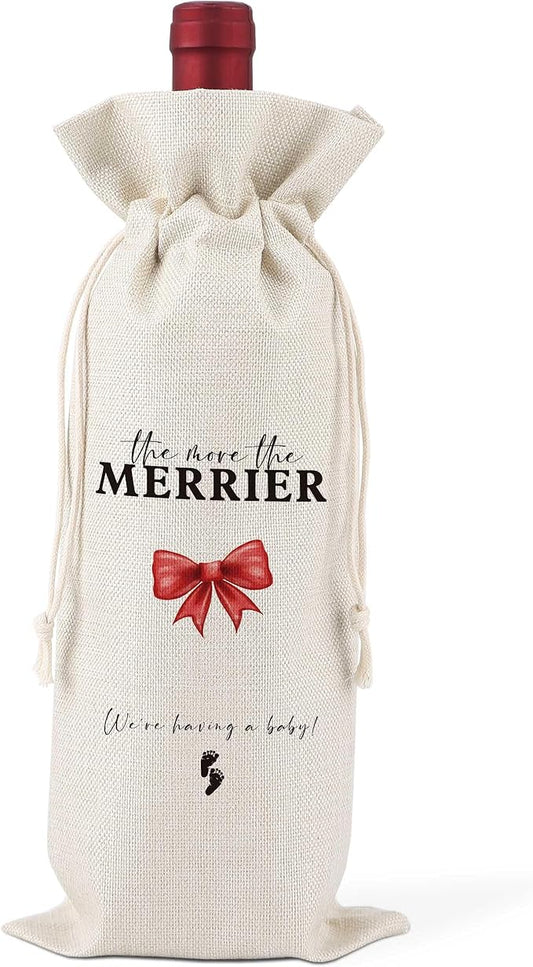 The More The Merrier Wine Bags Gifts,Gender Neutral Pregnancy Announcement Wine Bags,Baby Announcement,Baby Announcements Ideas,Pregnancy Announcement for Dad,Reusable Wine Bags With Drawstring,L31
