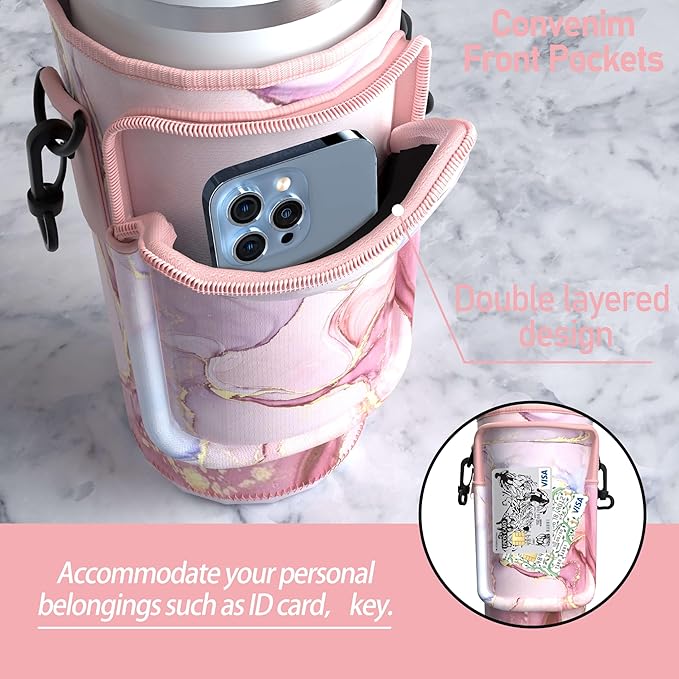 Water Bottle Carrier Bag with Phone Pocket for 40oz Tumbler with Handle, Adjustable Strap Neoprene Water Bottle Sleeve Pouch for Hiking Camping Travelling. (Pink Marble)