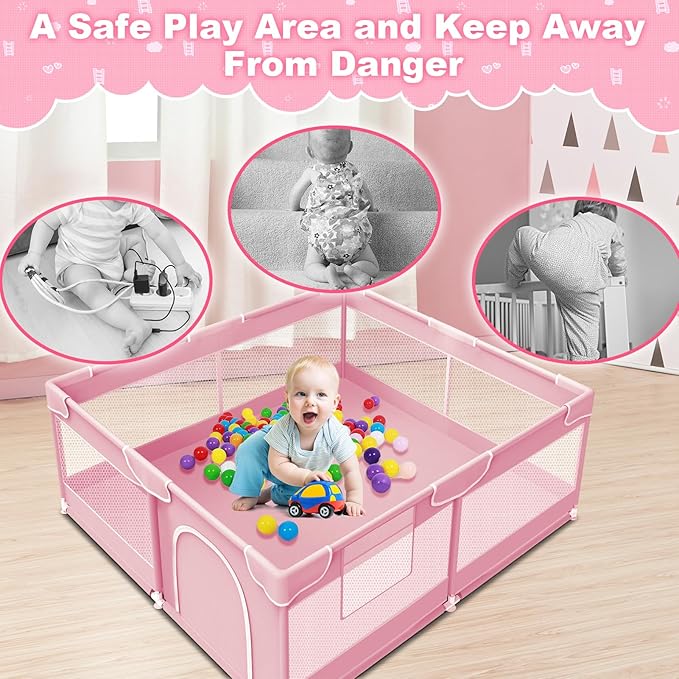 Baby Playpen 50 x 50 Inch Play Pen Playards, Playpen for Babies and Toddlers, Baby Playard for Indoor & Outdoor Active Center Game Fence, with Skin-Friendly Fabric and Soft Breathable Mesh Pink