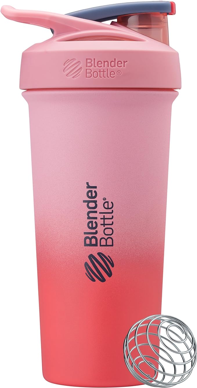 BlenderBottle Strada Sleek Shaker Cup Insulated Stainless Steel Water Bottle with Wire Whisk, 25-Ounce, Flamingo Ombre